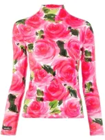 Richard Quinn Rose Garden Floral-print Stretch-knit Turtleneck Top In Pink