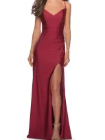 La Femme Cross Back Satin Jersey Trumpet Gown In Burgundy