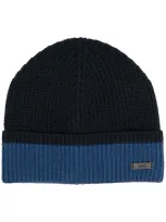 Hugo Boss Two-tone Ribbed Knit Hat In Blue