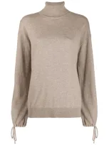 Hugo Knitted Roll Neck Jumper With Drawstring Sleeves In Neutrals