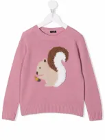 Il Gufo Kids' Embroidered Squirrel Knitted Jumper In Pink