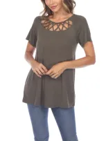 White Mark Plus Size Crisscross Cutout Short Sleeve Top In Olive