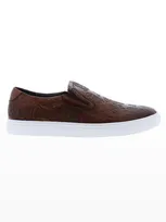 Robert Graham Men's Debossed Skull Leather Slip-on Sneakers In Cognac