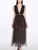 Marchesa Plunging Pearlescent Beaded Tulle Illusion Gown In Black