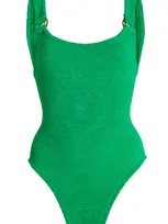 Hunza G Seersucker Texture Open-back Swimsuit In Metallic Forest Green