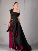 Jean Fares Couture Draped Shoulder Half Split Gown