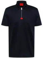 Hugo Mercerised-cotton Polo Shirt With Zip Placket In Dark Blue