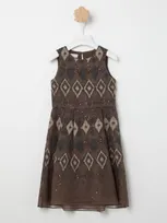 Brunello Cucinelli Kids' Geometric-pattern Embellished Dress In Brown