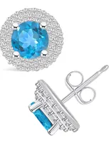 Macy's London Topaz (2-1/3 Ct. T.w.) And Diamond (1/2 Ct. T.w.) Halo Stud Earrings In 14k White Gold In Blue Topaz