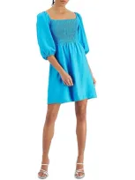 Bar Iii Women's Puff-sleeve Smocked Dress, Created For Macy's In Blue