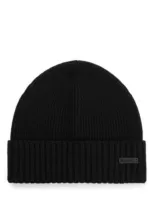 Hugo Boss Ribbed Beanie Hat In Virgin Wool In Black