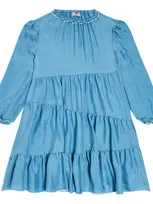 Il Gufo Kids' Gathered Jersey Dress In Blue