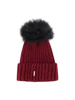 Gorski Knit Ribbed Beanie With Toscana Lamb Pom In Red / Black