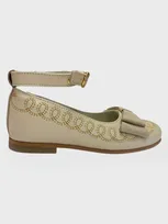 Petite Maison Kids' Girl's Alexis Embroidered Leather Mary Jane Flats In Beige