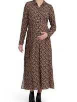 Ripe Maternity Gia Long Sleeve Tie Waist Maternity Shirtdress In Black / Latte