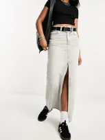 Asos Design Denim Maxi Skirt In Washed Gray In White