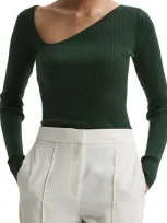 Reiss Womens Green Sasha Asymmetric-neck Stretch-knit Top