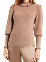 Nic + Zoe Twilight Embellished Puff Shoulder Mock Neck Sweater In Macaroon