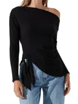 Astr One-shoulder Tie Hem Knit Top In Black