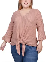 Ny Collection Plus Size 3/4 Bell Sleeve Textured Knit Top In Coral