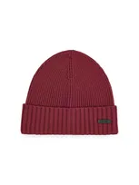 Hugo Boss Ribbed Beanie Hat In Virgin Wool In Dark Red