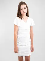 Un Deux Trois Kids' Girl's Ruched Flutter Sleeve Dress In Ivory