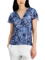 Anne Klein Women's Printed Mesh Flutter-sleeve Top In Blue