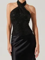 Astr The Label Sequin Halter Top In Black