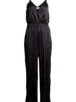 Astr The Label Surplice Neck Plissé Satin Jumpsuit In Black