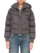 Avec Les Filles Water Resistant Crop Bomber Puffer Jacket With Attached Zip Bib In Greige