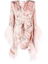 Bronx And Banco Geisha Paisley-print Feather-detail Minidress In Pink