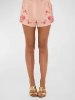 Camilla Tuck-front Floral-print Linen Shorts In Blossoms And Brushstrokes