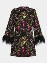 Cara Cara Vida Mock-neck Medallion-print Feather-trim Mini Dress In Black Fleur