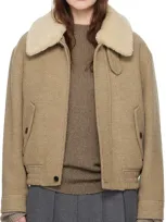 Dunst Beige Detachable Faux-shearling Collar Bomber Jacket In Camel Beige