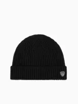 Ea7 Wool And Viscose Blend Beanie In Black