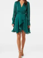 Ever New Myra Metallic Long Sleeve Chiffon Faux Wrap Dress In Mysterious Green