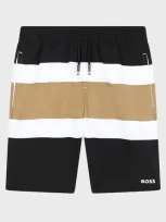 Hugo Boss Kids' Boy's Striped Logo-print Swim Trunks In Black