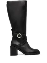 Hugo Boss Knee-high Boots In Leather With Buckled Strap In Black