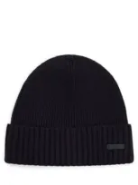 Hugo Boss Ribbed Beanie Hat In Virgin Wool In Dark Blue