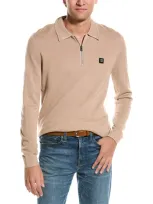 Hugo Zip-neck Polo Sweater With Stacked-logo Badge In Beige