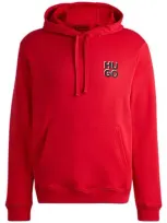 Hugo Cotton-terry Hoodie With Stacked Logo Print In Red