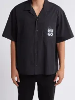 Hugo Egeeno Logo Oversize Camp Shirt In Black