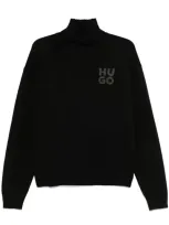 Hugo Wool-blend Rollneck Sweater With Stacked Logo In Black