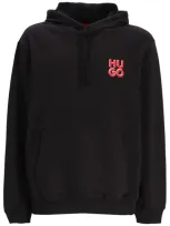 Hugo Cotton-terry Hoodie With Stacked Logo Print In Black