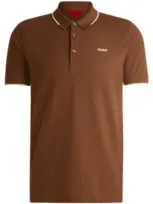 Hugo Stretch-cotton Slim-fit Polo Shirt With Printed Logo In Brown