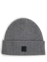 Hugo Virgin-wool Beanie Hat With Stacked Logo In Grey