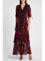 Hutch Floral Pattern Wrap Dress In Black Pink Chinoiserie Bouquet