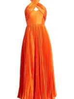 Hutch Pleated Crossover Halter Gown In Orange