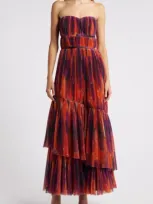 Hutch Renza Strapless Tulle Gown In Rust Ink Blot Floral