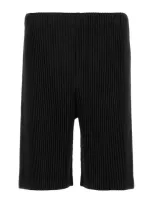 Issey Miyake Ribbed Texture Elastic Waistband Bermuda Shorts In Black